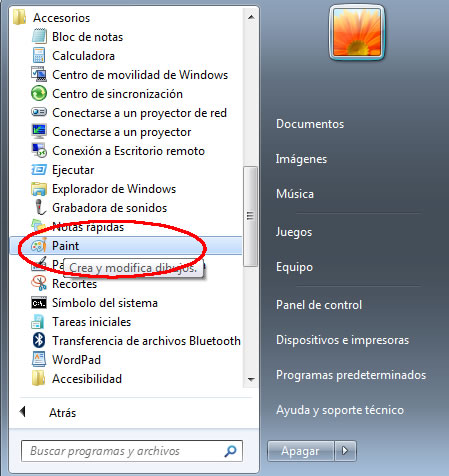 Buscar Paint en "Inicio" + "Todos los programas" + "Accesorios"